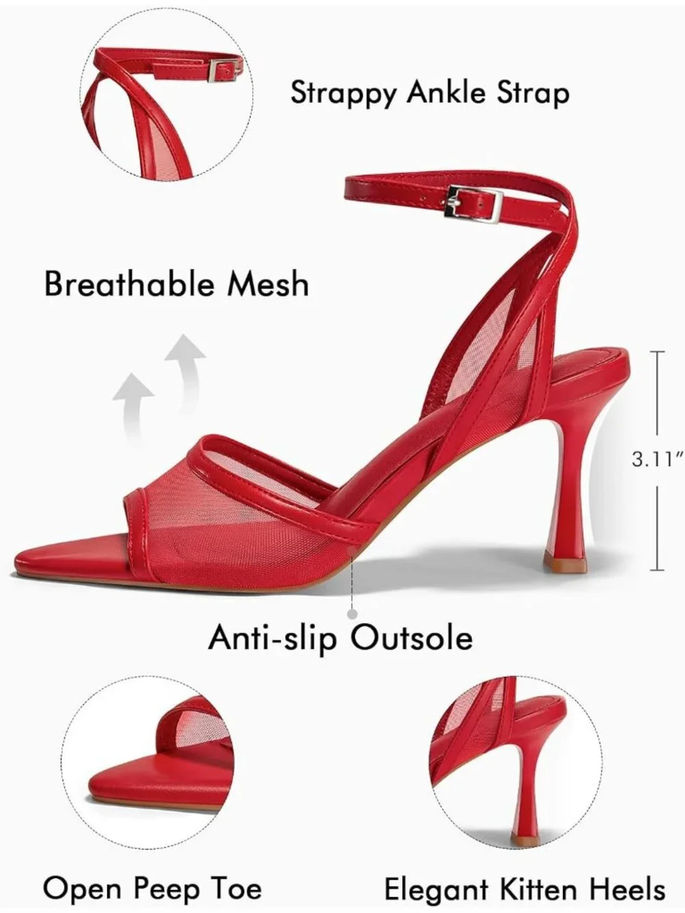 Women's Mesh Red Summer Pointed Open Toe Ankle Buckle Straps Heeled Sandals